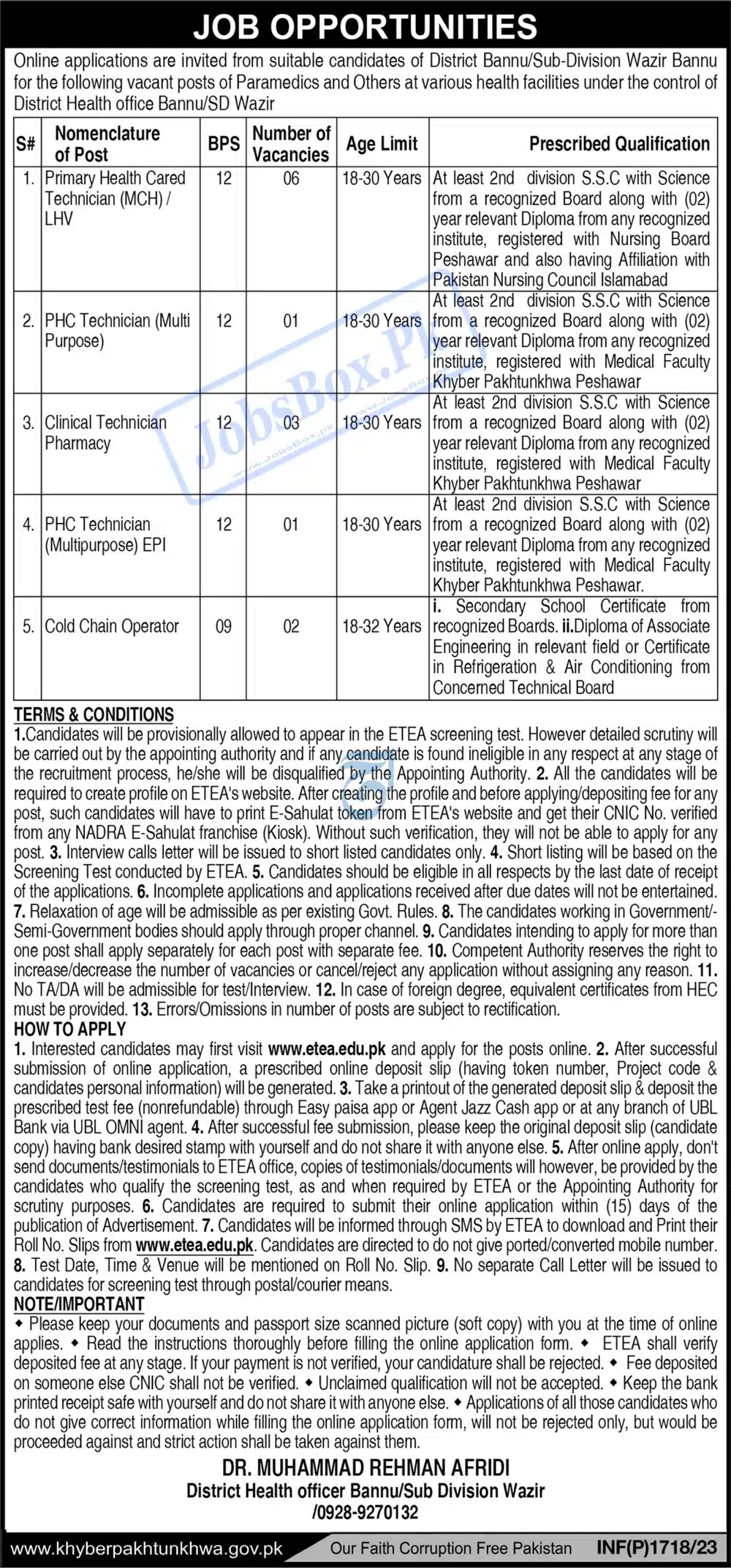 Health Department Sub Division Wazir Bannu Jobs 2023 Online Form