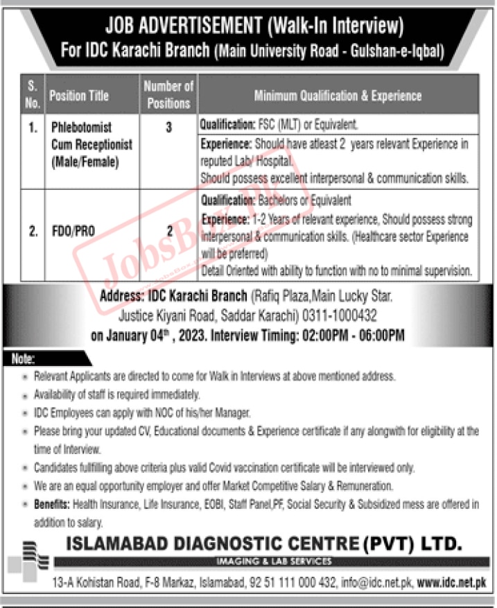 Islamabad Diagnostic Center Jobs 2023 at IDC Karachi Branch