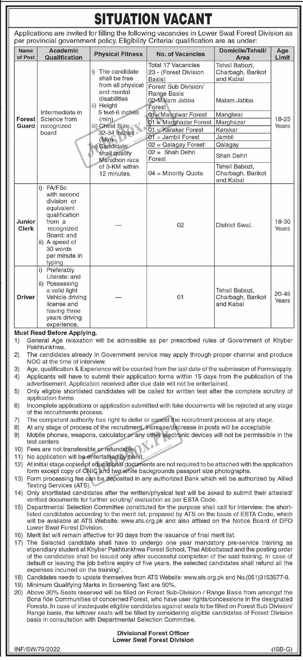 Lower Swat Forest Division Jobs 2022 - Forest Guard Vacancies