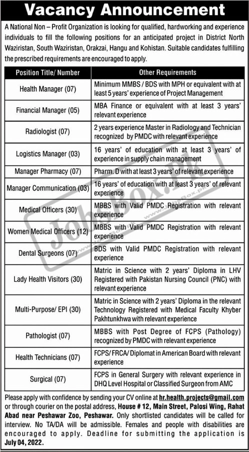 National Organization Jobs 2022 in Health Projects in KPK