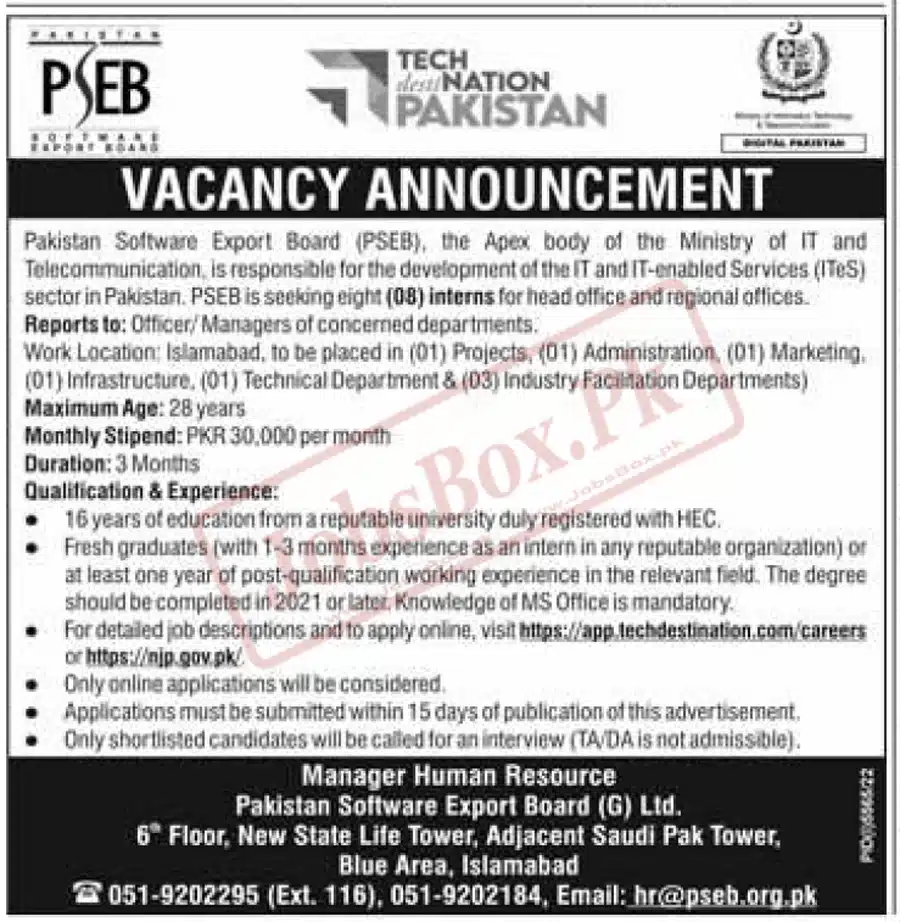 Pakistan Software Export Board PSEB Internships 2023 Online Form