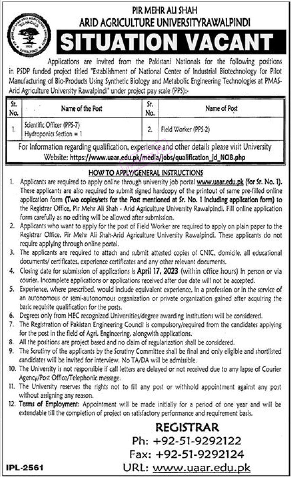 Pir Mehr Ali Shah Arid Agriculture University UAAR Jobs 2023 Online Apply