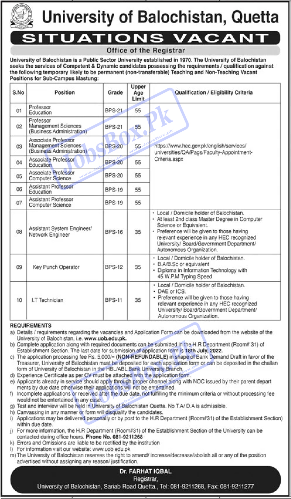 University of Balochistan UOB Jobs 2022 Quetta