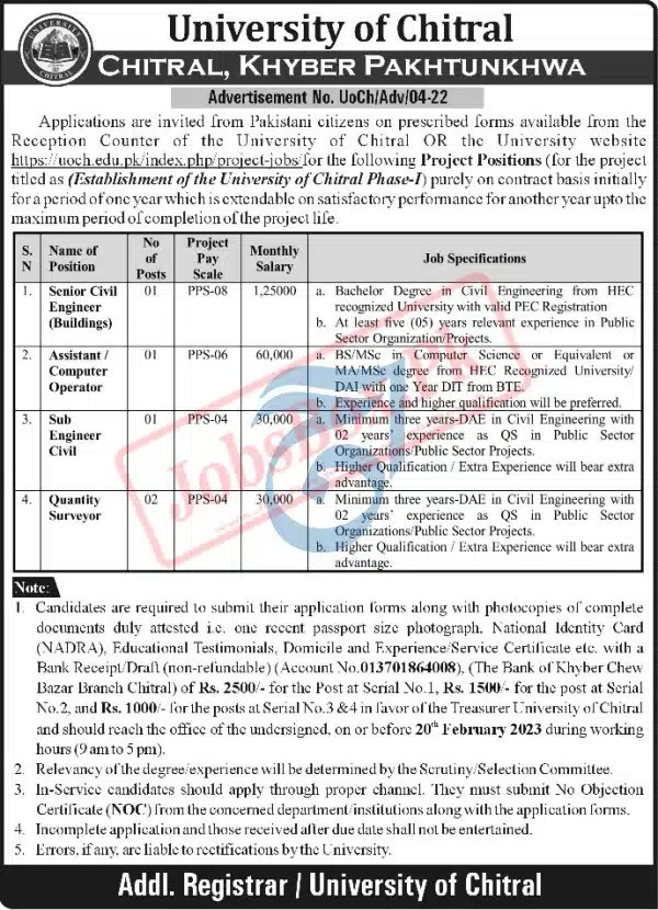 University of Chitral Jobs February 2023 for Civil Engineer