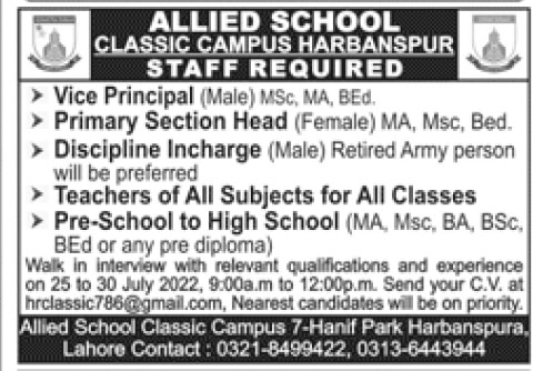 Allied School Classic Campus Harbanspur Lahore Jobs 2022