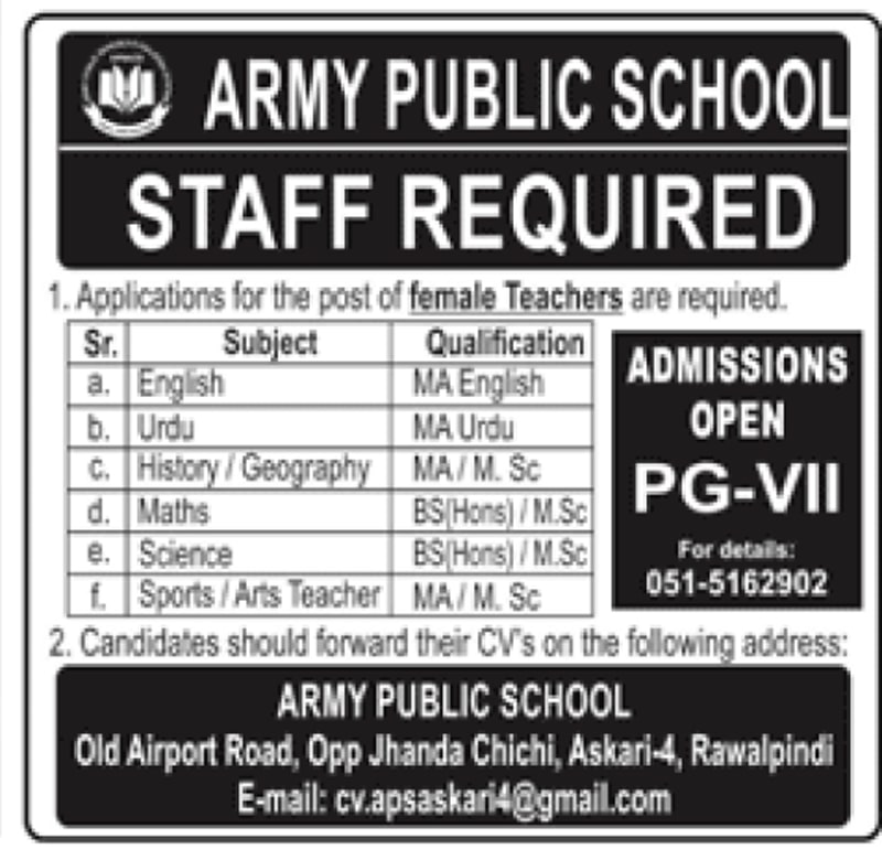 Army Public School APS Askari IV Rawalpindi Jobs 2022