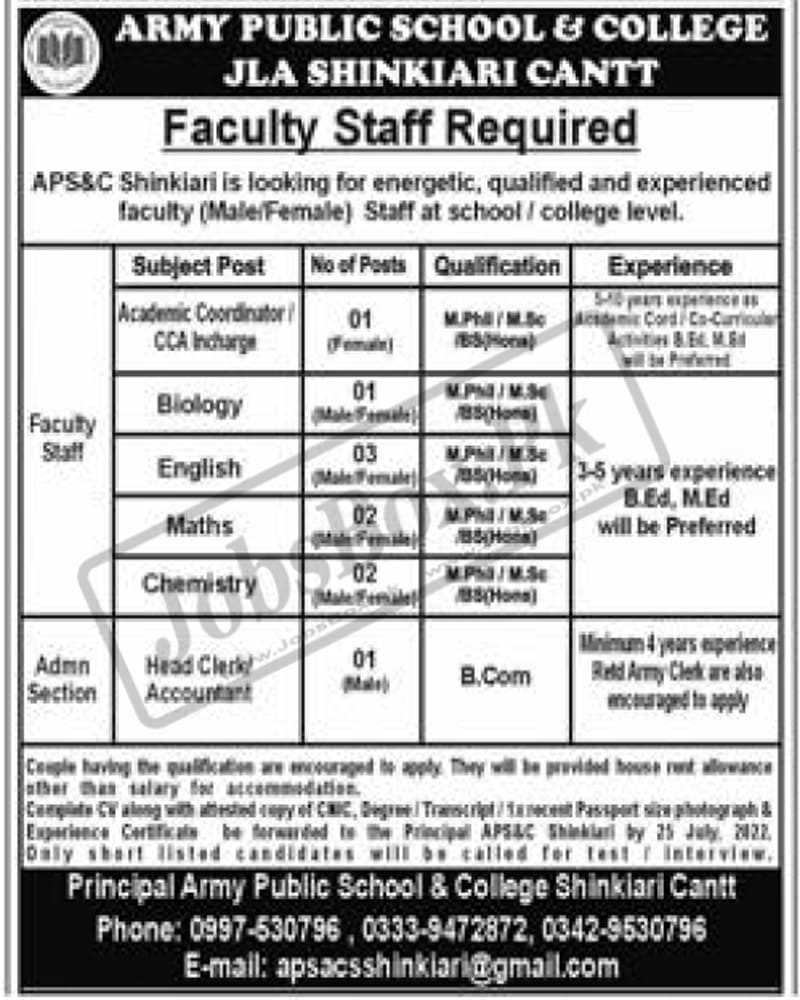 Army Public School & College JLA Shinkiari Cantt Jobs 2022