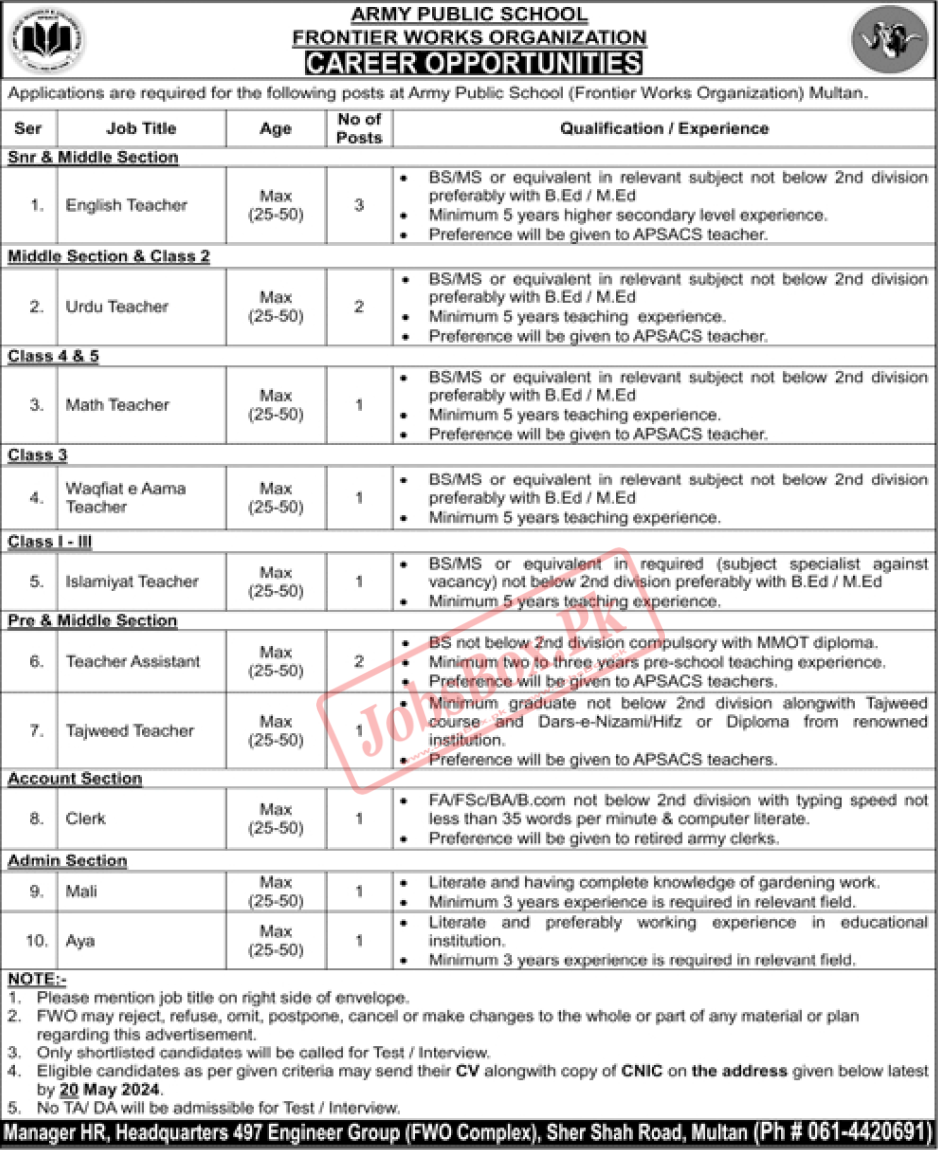 Army Public School FWO Multan Jobs 2024