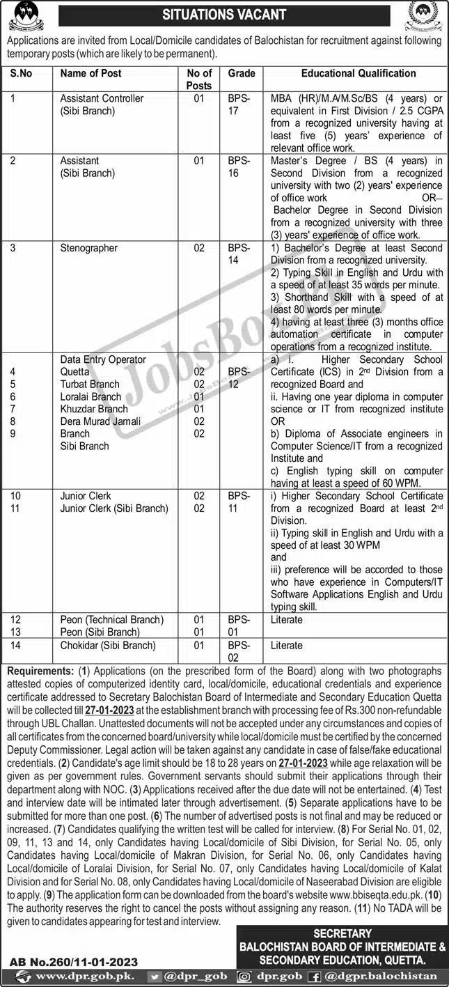 BBISE Quetta Jobs 2023 - Download Form at www.bbiseqta.edu.pk