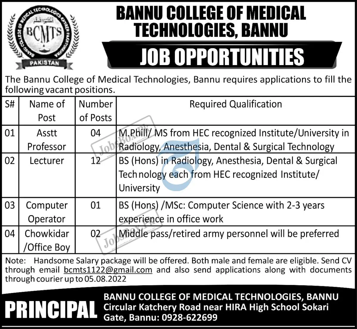 Bannu College of Medical Technologies Jobs 2022