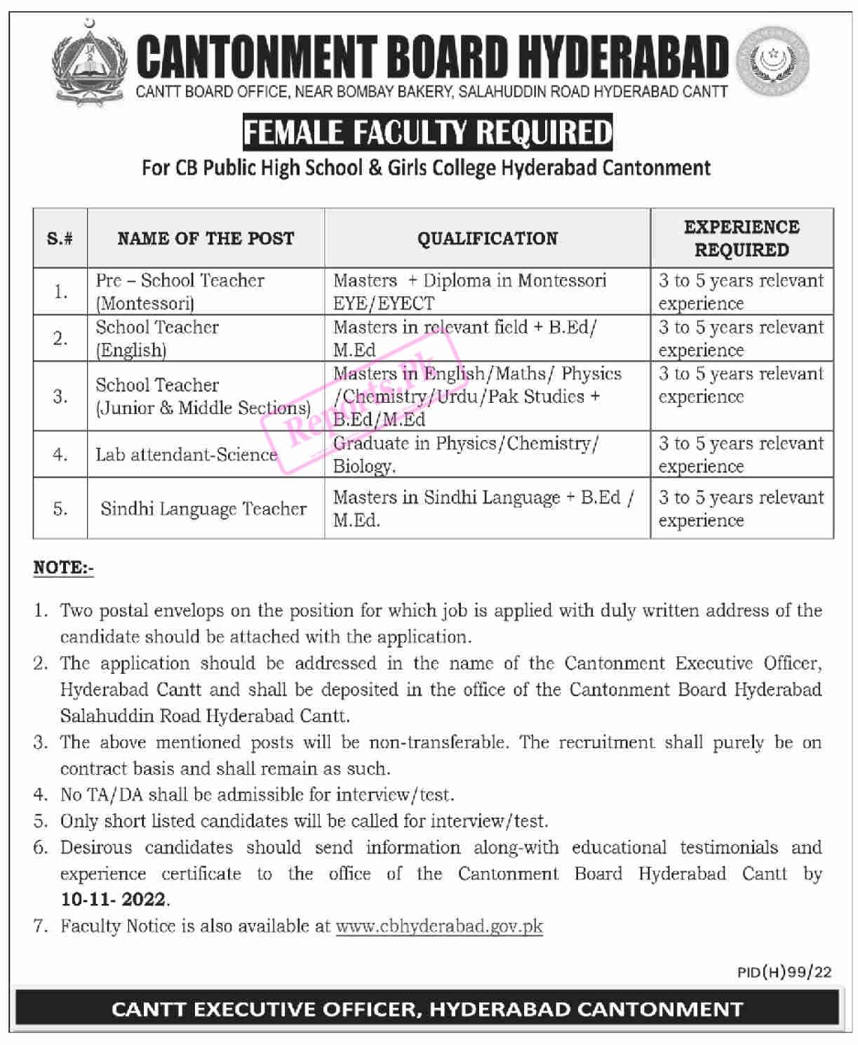 CB Public School & Girls College Hyderabad Jobs November 2022