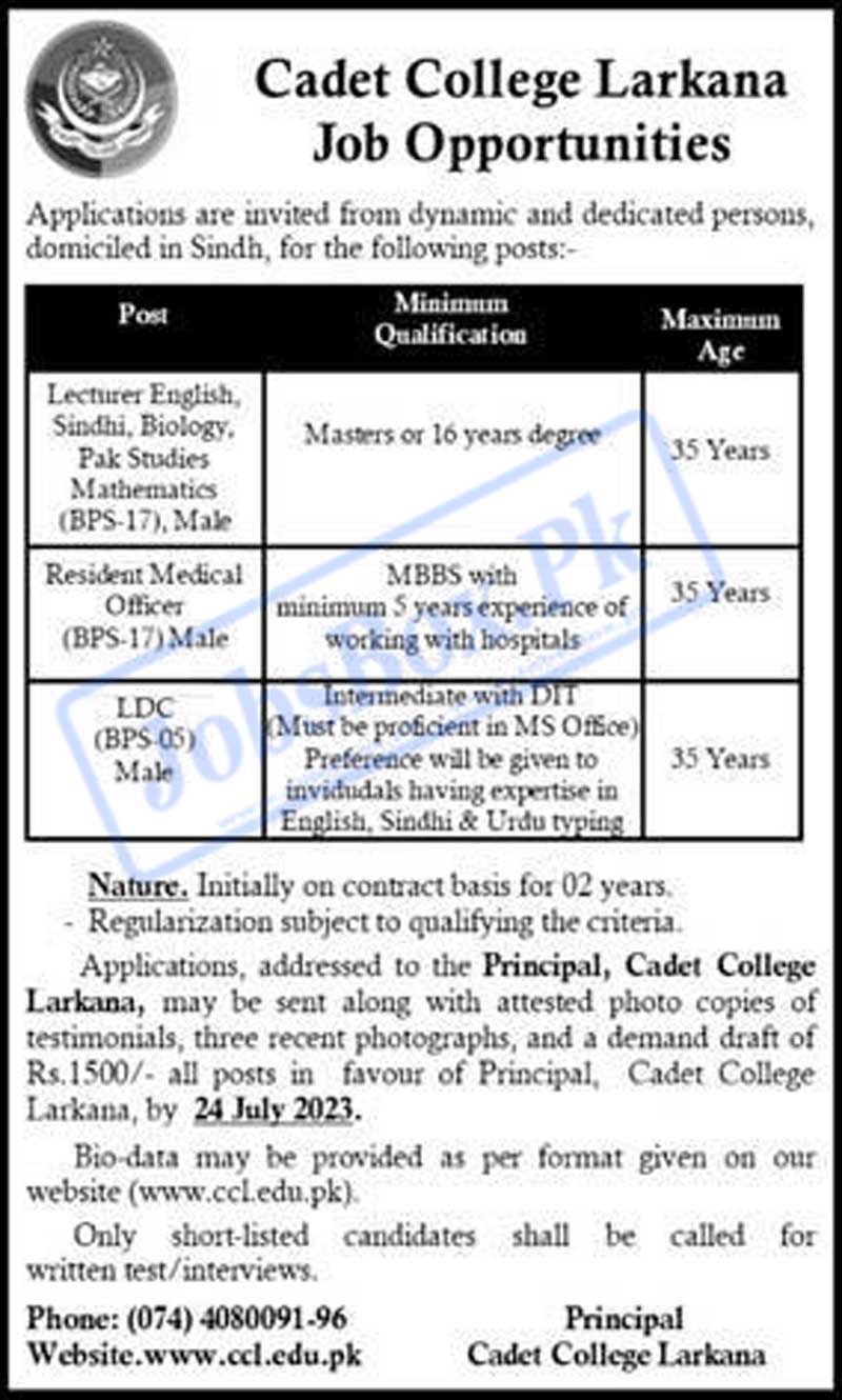 Cadet College Larkana Jobs 2023 Information