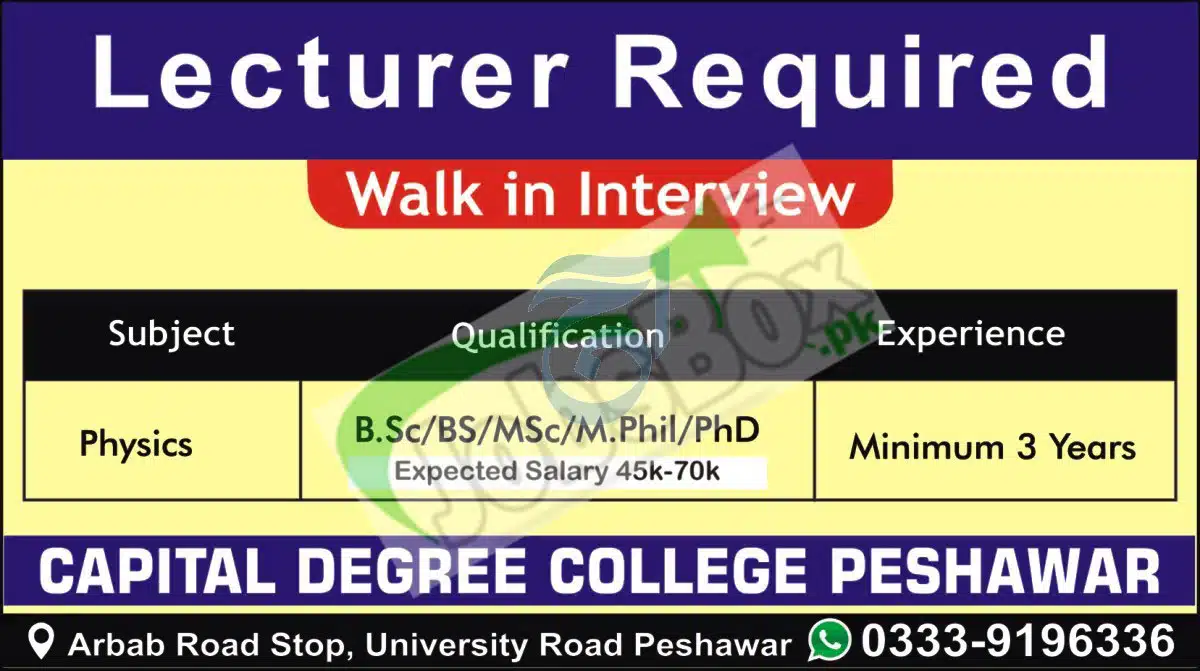 Capital Degree College Peshawar Jobs 2022-23