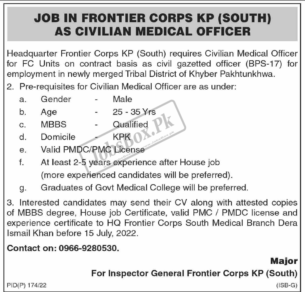 Civilian Medical Officer Jobs in Frontier Corps FC South KPK