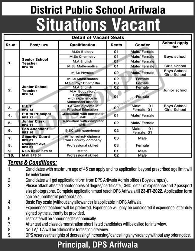 District Public School DPS Arifwala Jobs 2022