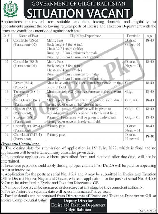 Excise and Taxation Department Gilgit Baltistan Jobs 2022