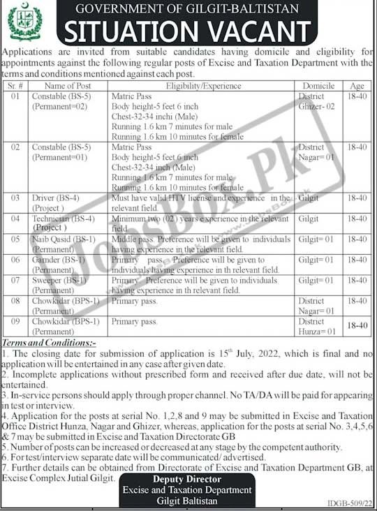 Excise and Taxation Department Gilgit Baltistan Jobs 2022