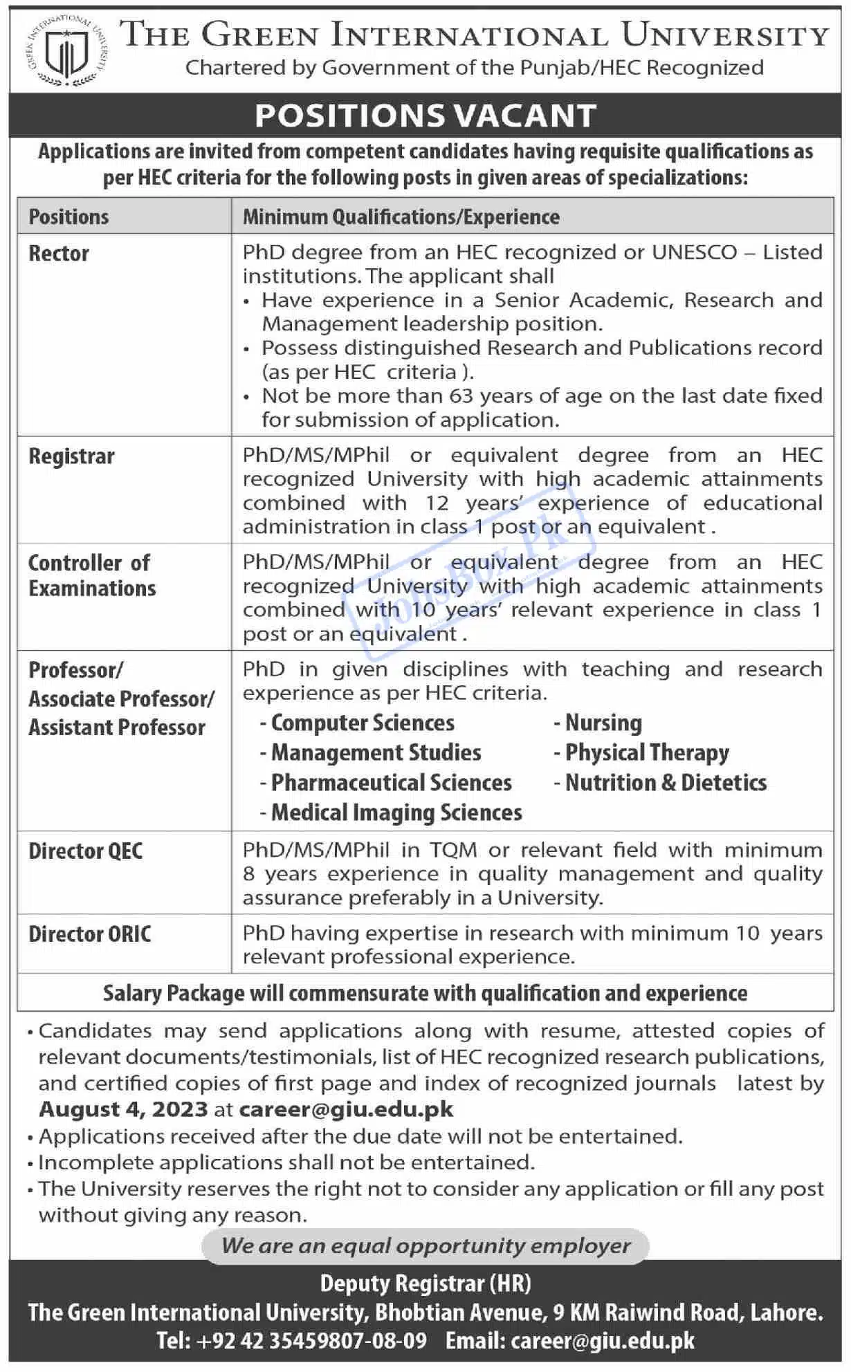 Green International University GIU Lahore Jobs 2023