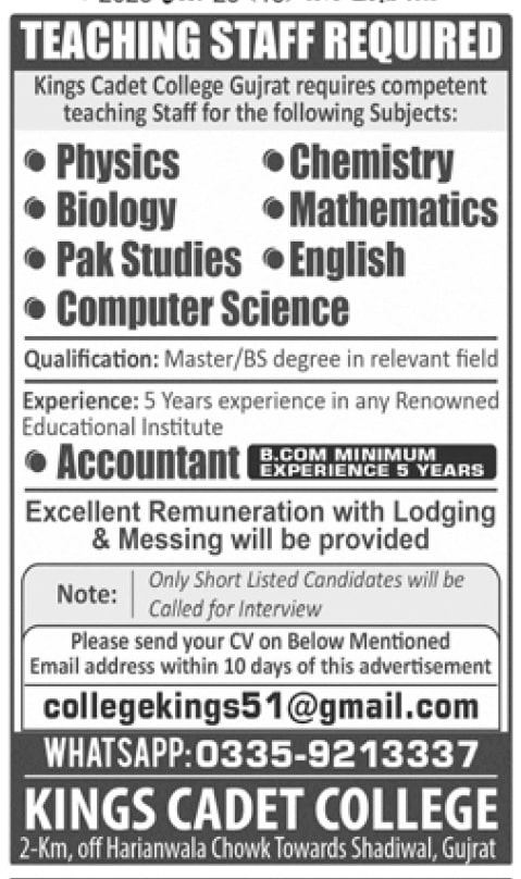 Kings Cadet College Gujrat Jobs 2023 