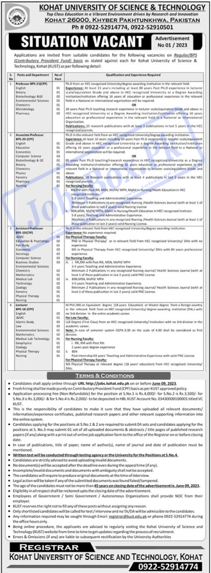 Kohat University of Science and Technology KUST Jobs 2023