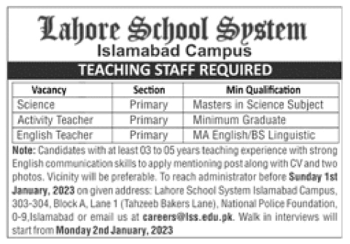 Lahore School System Islamabad Campus Jobs 2023