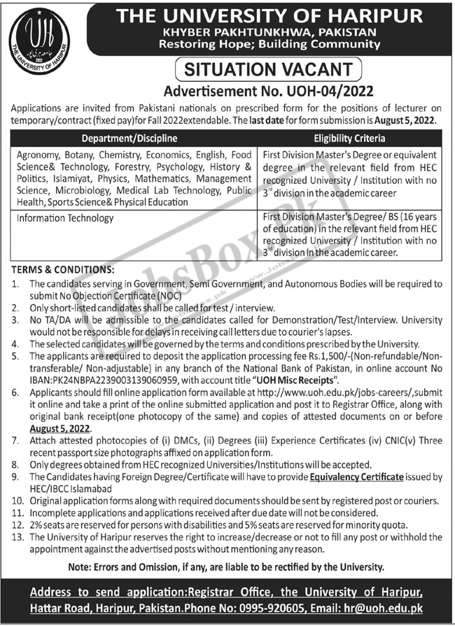 Lecturer Jobs in University of Haripur Advertisement No UOH-04