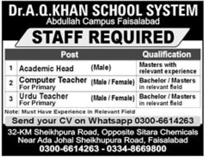Male/Female Teachers Jobs in Faisalabad at Dr AQ School System