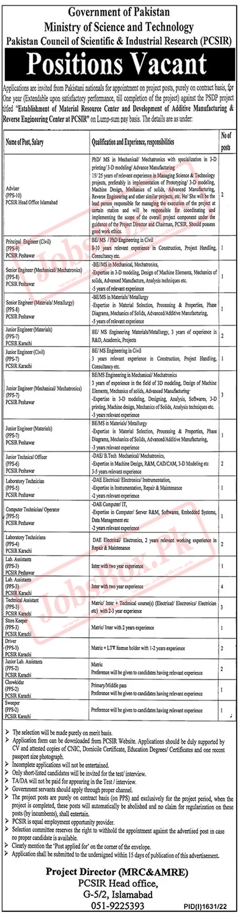 Ministry of Science and Technology Jobs 2022 Recruitment for PCSIR