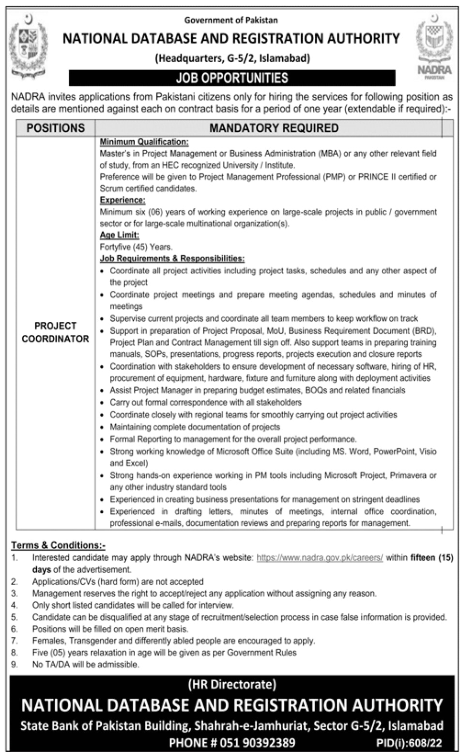 NADRA Jobs 2022 - Vacancies Detail at www.nadra.gov.pk