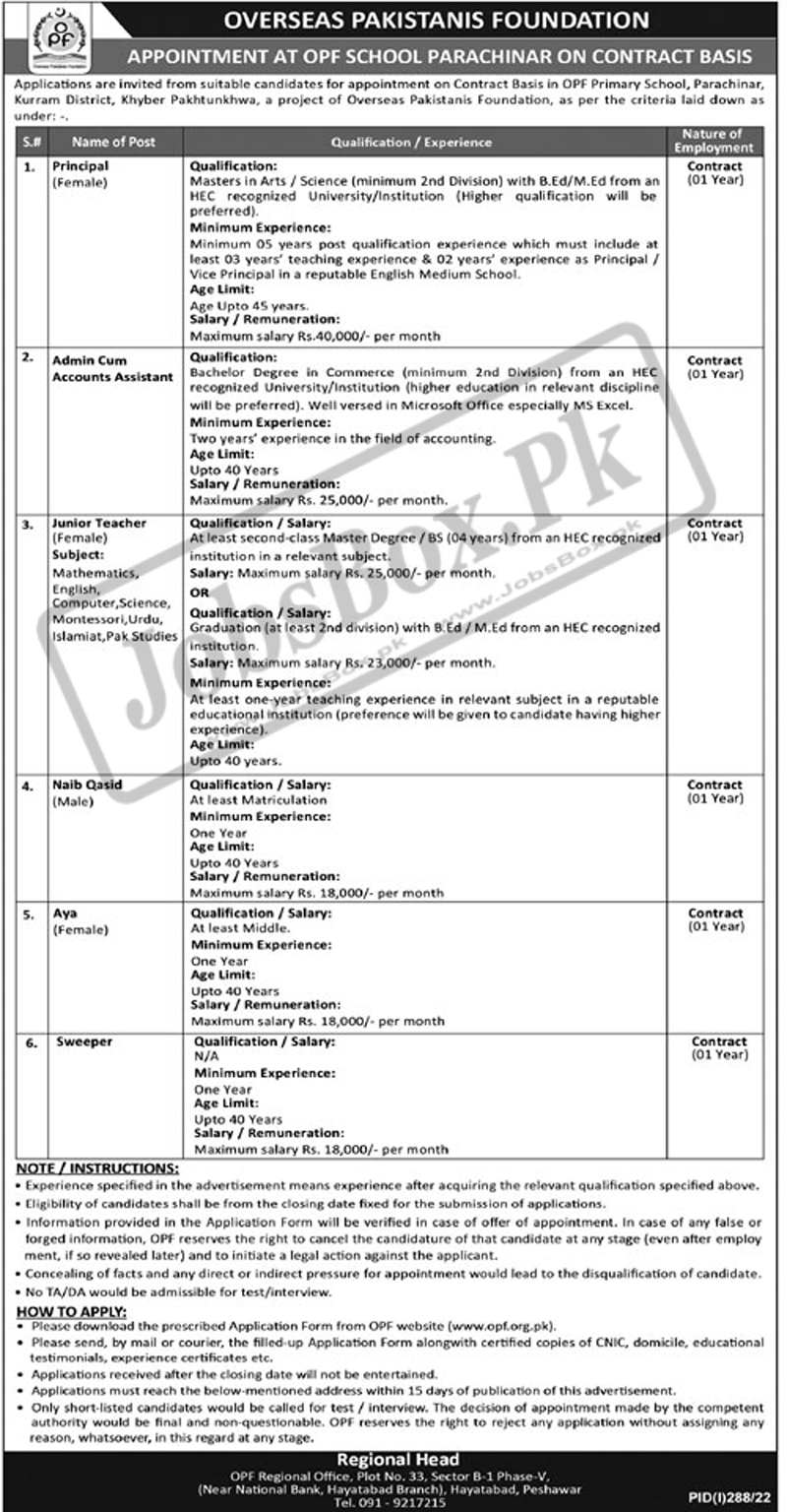 OPF Primary School Parachinar Kurram Jobs 2022