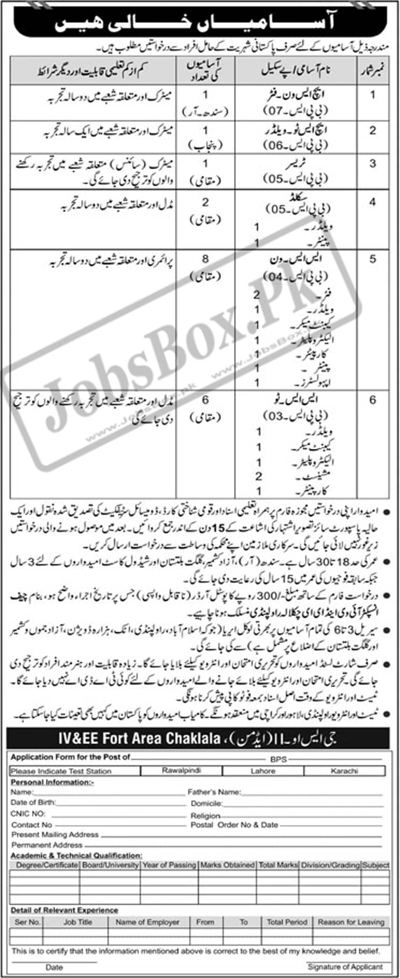 Pak Army IV&EE Fort Area Chaklala Rawalpindi Jobs 2022