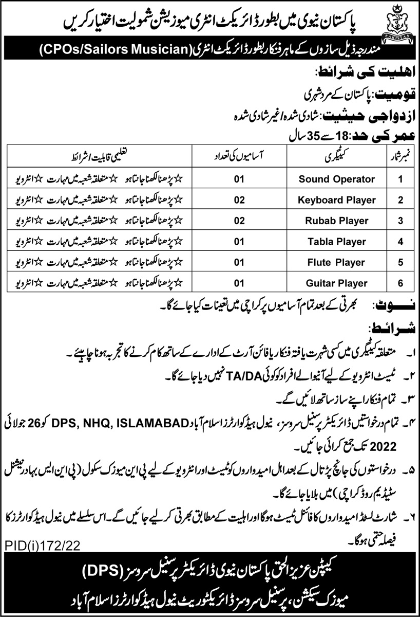 Pakistan Navy Jobs 2022 for Sailor Musician