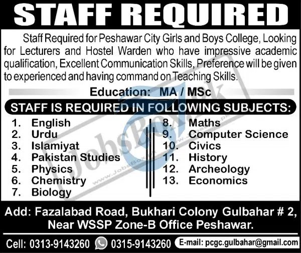 Peshawar City Girls & Boys College Jobs 2022