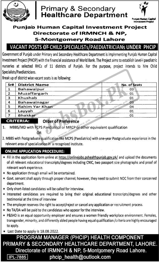 Primary & Secondary Healthcare Department Punjab Jobs August 2022