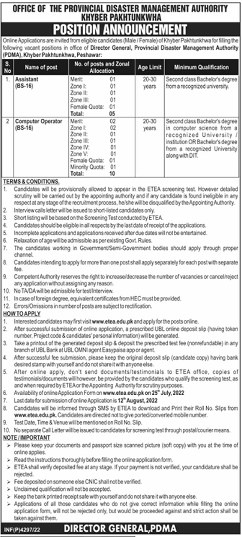 Provincial Disaster Management Authority PDMA KPK Jobs 2022 Today New Paperpk