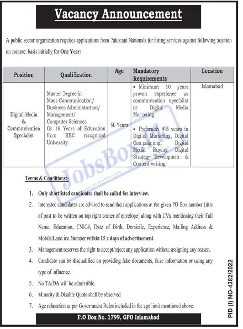 Public Sector Organization PO Box 1799 Islamabad Jobs 2023
