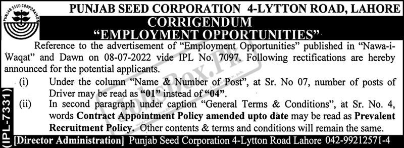 Punjab Seed Corporation Lahore Jobs 2022 - Today New Jobs in Pakistan