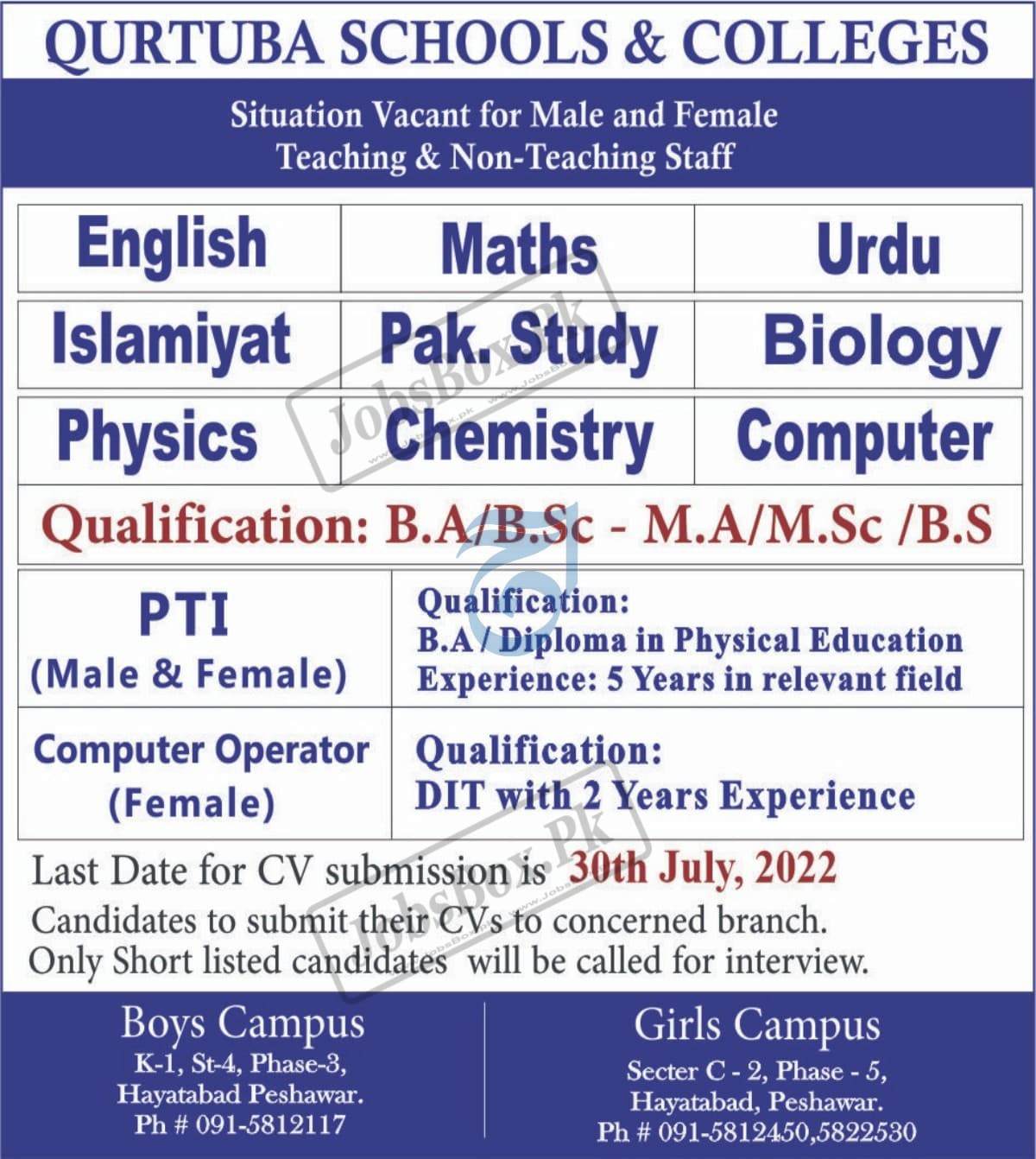 Qurtuba Schools & Colleges Peshawar Jobs 2022