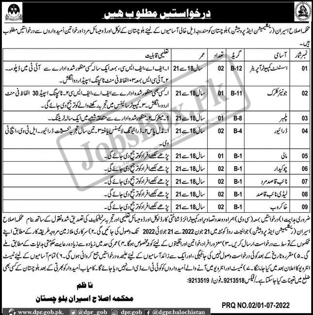 Reclamation & Probation Department Balochistan Jobs 2022