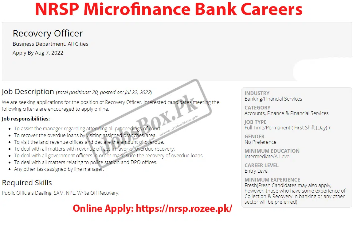 Recovery Officers Jobs in Pakistan at NRSP Microfinance Bank