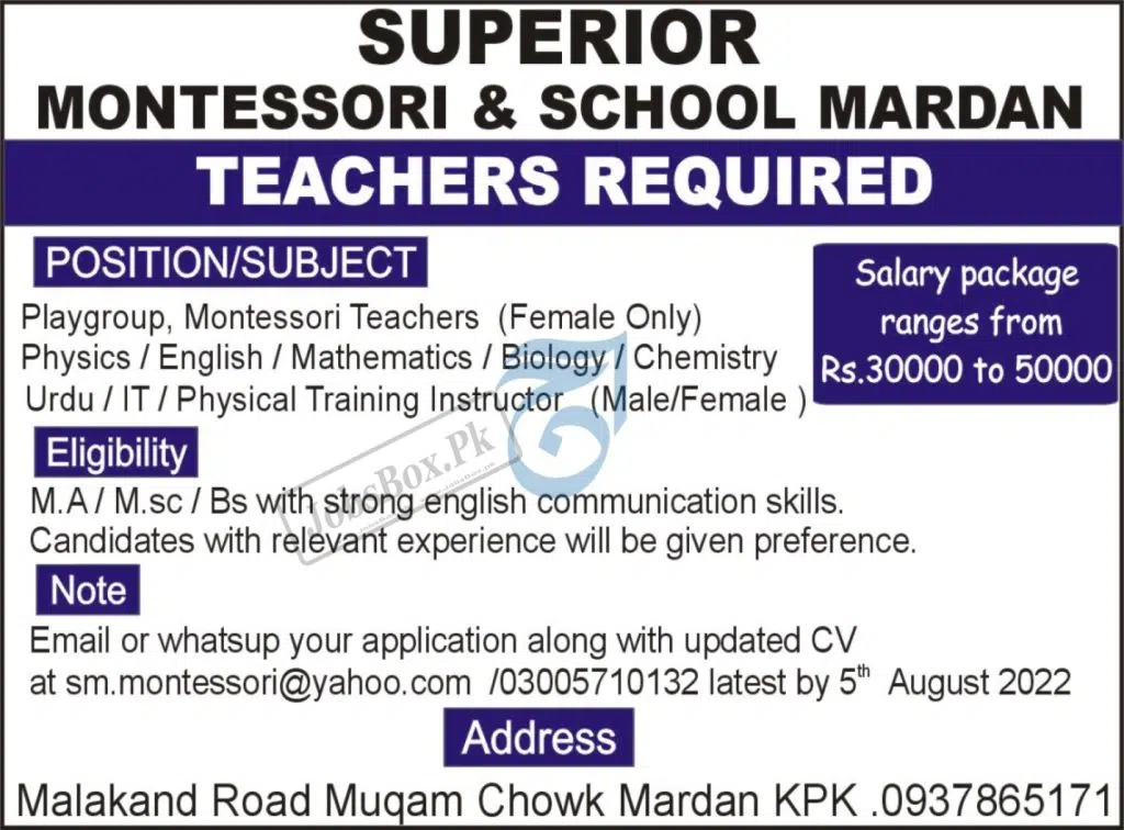 Teachers Jobs in Mardan at Superior Montessori & School