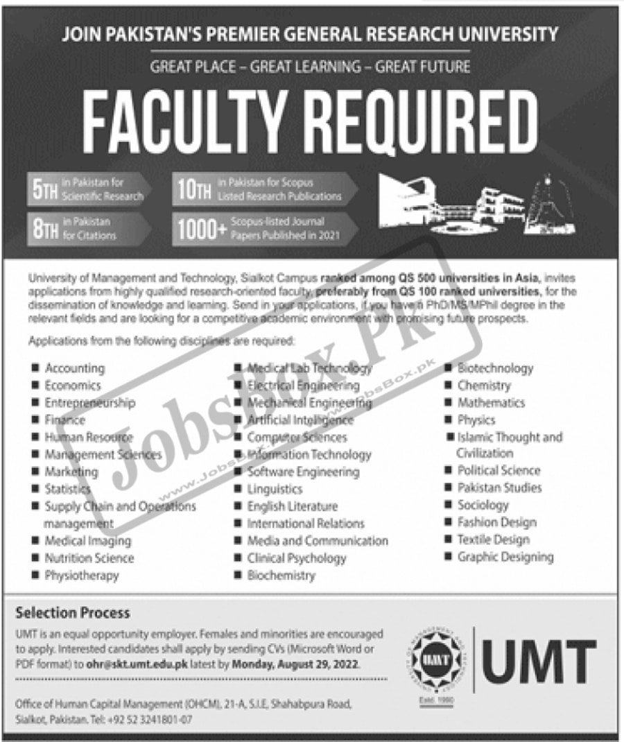 Teaching Faculty Required at UMT Lahore Send Online CVs