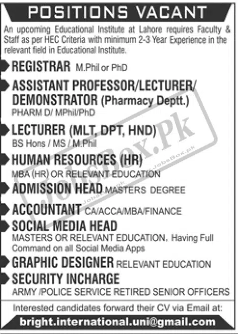 Today Jobs in Lahore at Educational Institute