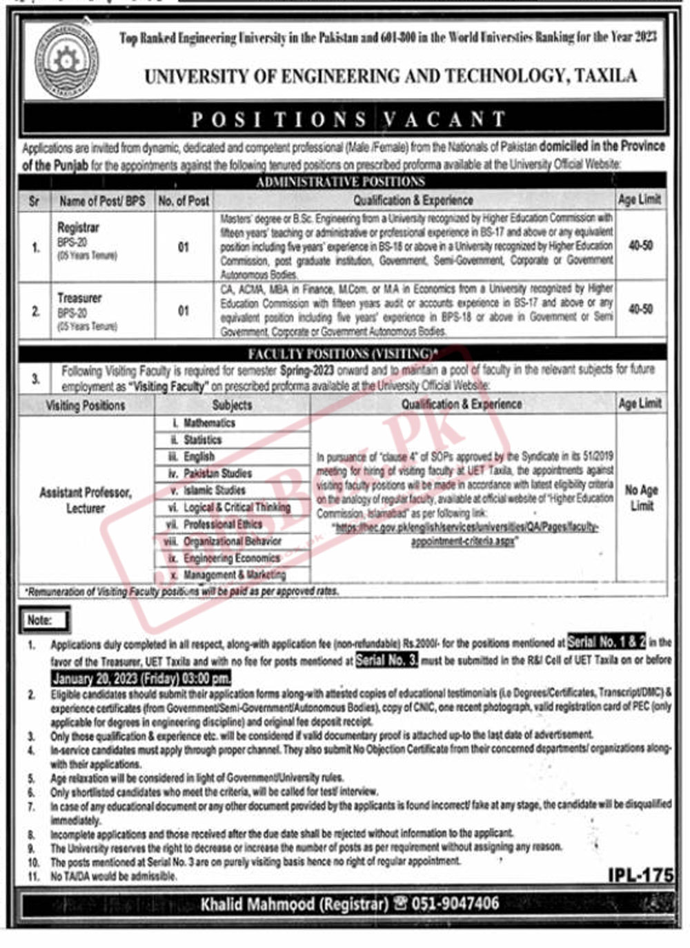 UET Taxila Jobs 2023 - Download Form & Eligibility Criteria