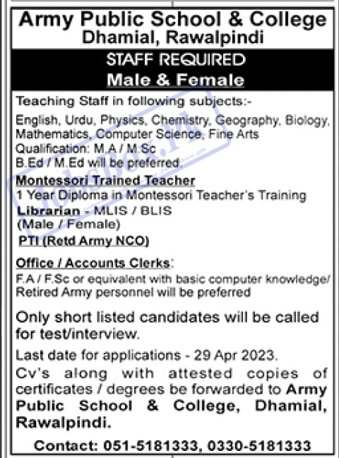 Army Public School & College Dhamial Rawalpindi Jobs 2023