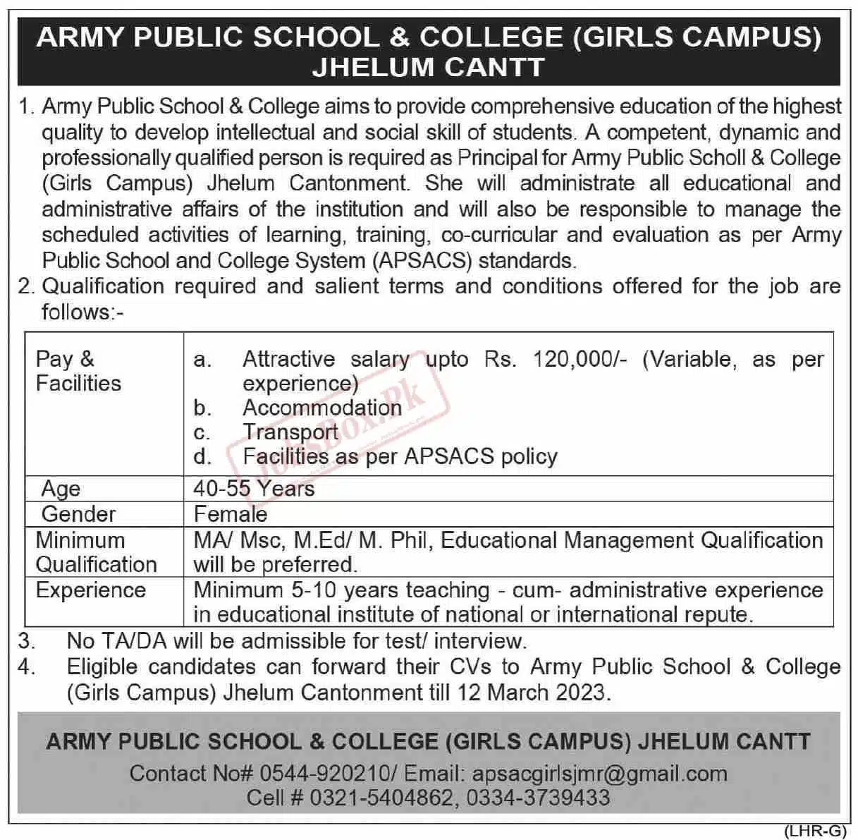 Army Public School & College Girls Campus Jhelum Jobs 2023