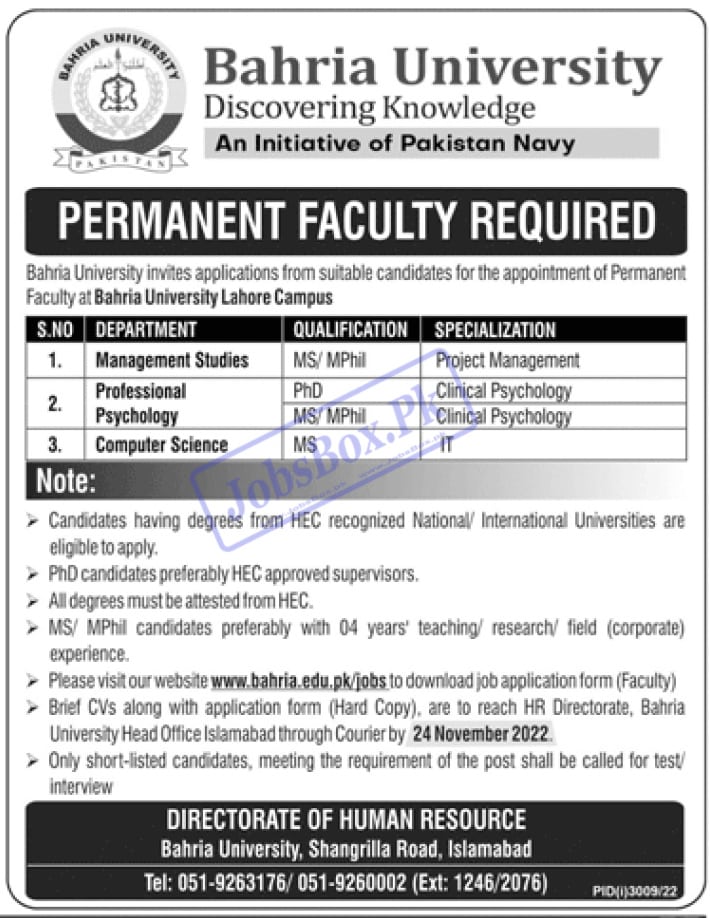 Bahria University Lahore Campus Jobs 2022 Advertisement