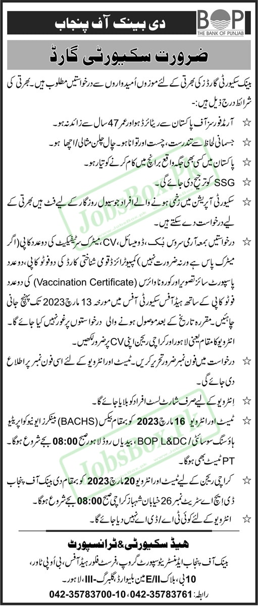 Bank of Punjab Security Guards Jobs 2023