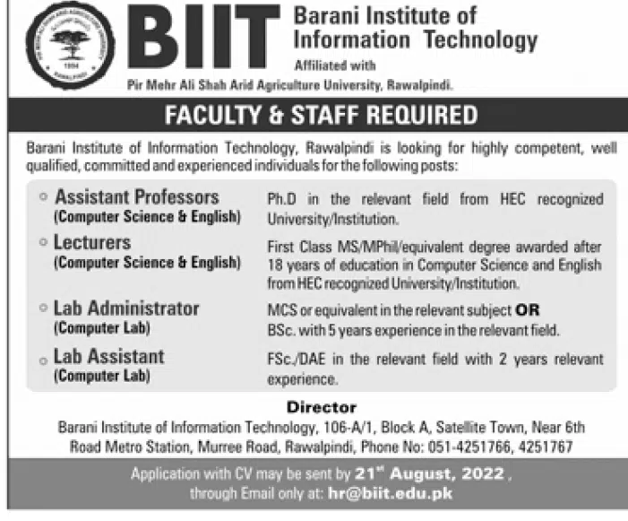 Barani Institute of Information Technology BIIT Rawalpindi Jobs 2022