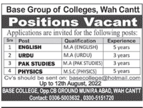 Base Group of Colleges Wah Cantt Jobs 2022
